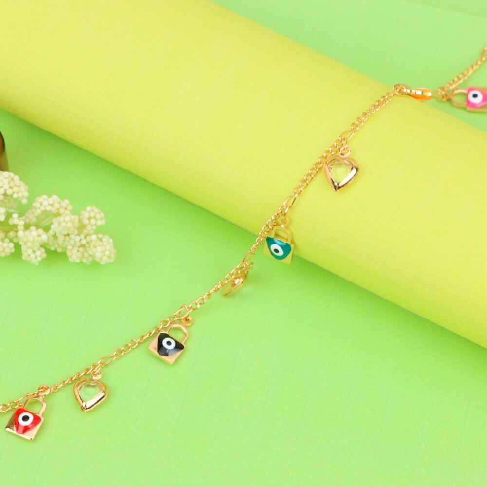 "Rose Gold Evil Eye & Heart Charm Anklet in Gold Plated Brass, XPAL1193